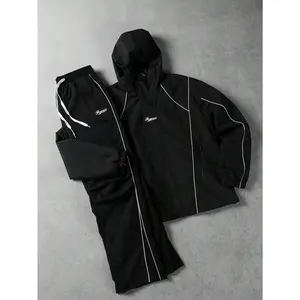 VIRAL Black Techwear Tracksuit Set | Y2K Reflective Piping Hooded Jacket & Pants