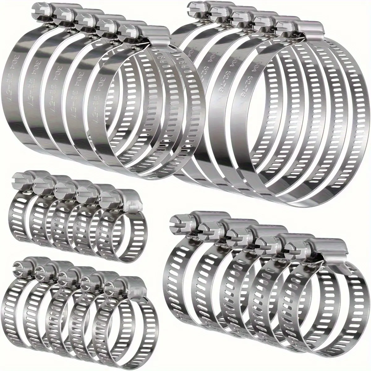 25-Piece Stainless Steel Adjustable Hose Clamps Set, Five Sizes 10-76mm, Industrial Piping, Auto Repair, Plumbing Universal Use