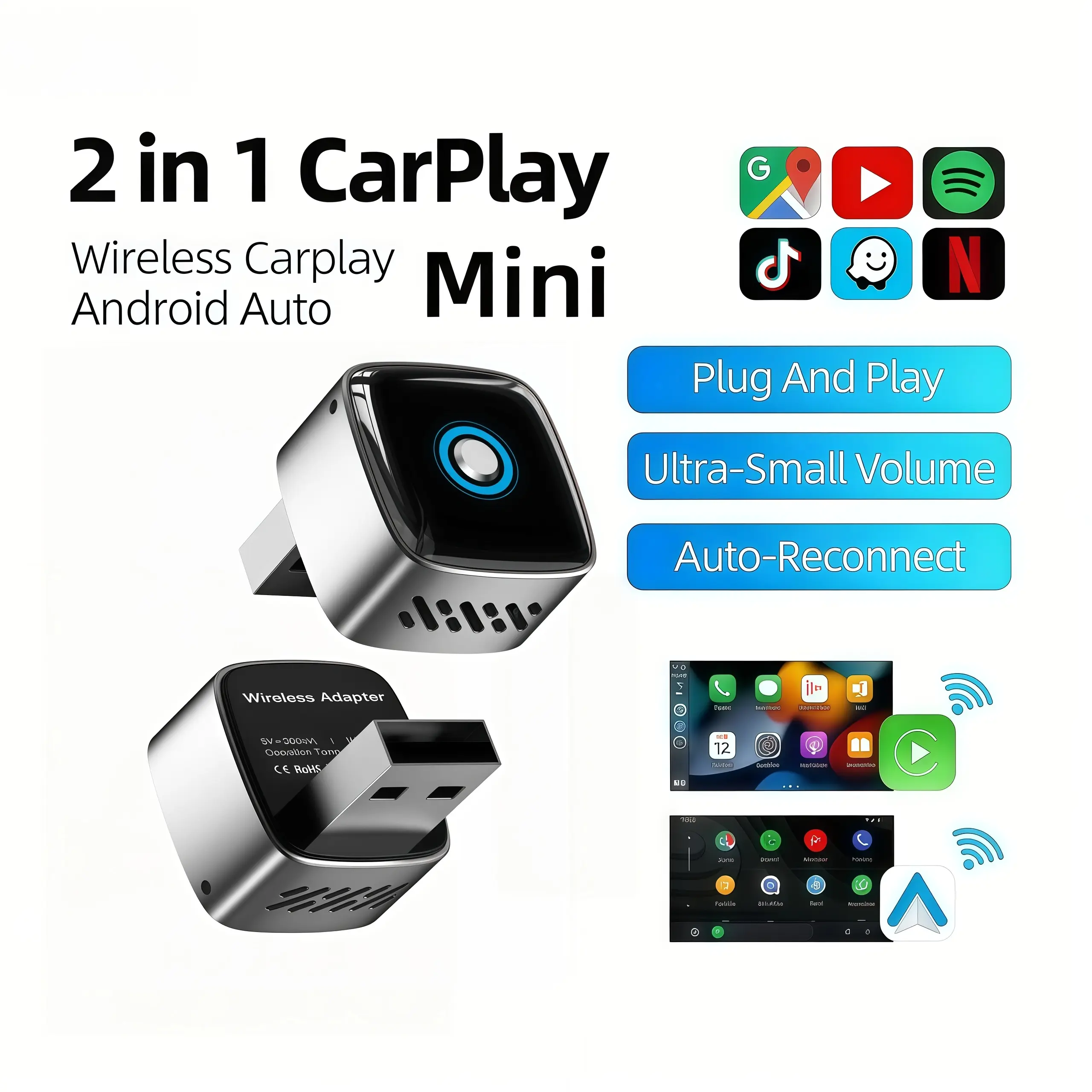 CarPlay Wireless Adapter - 2027 Mini USB-C Dongle with Android Auto, Bluetooth, Plug-and-Play Car Interior Accessory, Converts Factory Wired to Wireless for Built-In Wired Systems, Ideal for Driving Commuters