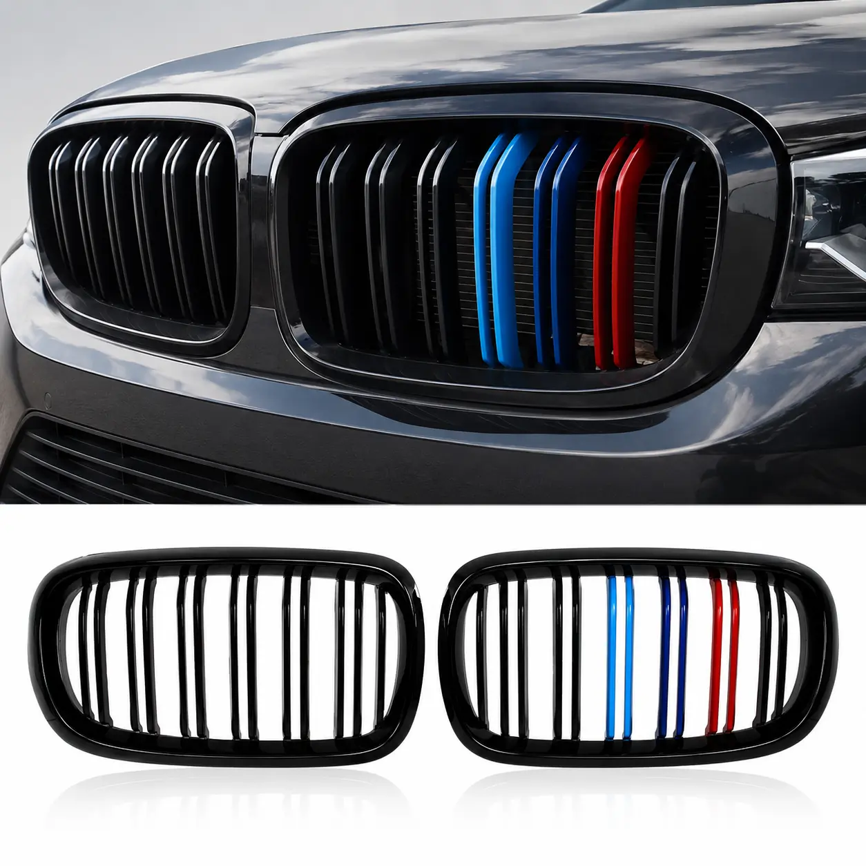 M Color Dual Slat Kidney Grille For BMW X5 F15 X6 F16 X5M X6M 2014-2018 Gloss Black Front Grill Replacement