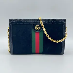 Pre-owned GUCCI Suede Leather Crossbody Bags Black Suede and Patent Leather Medium Ophidia Chain Shoulder Bag