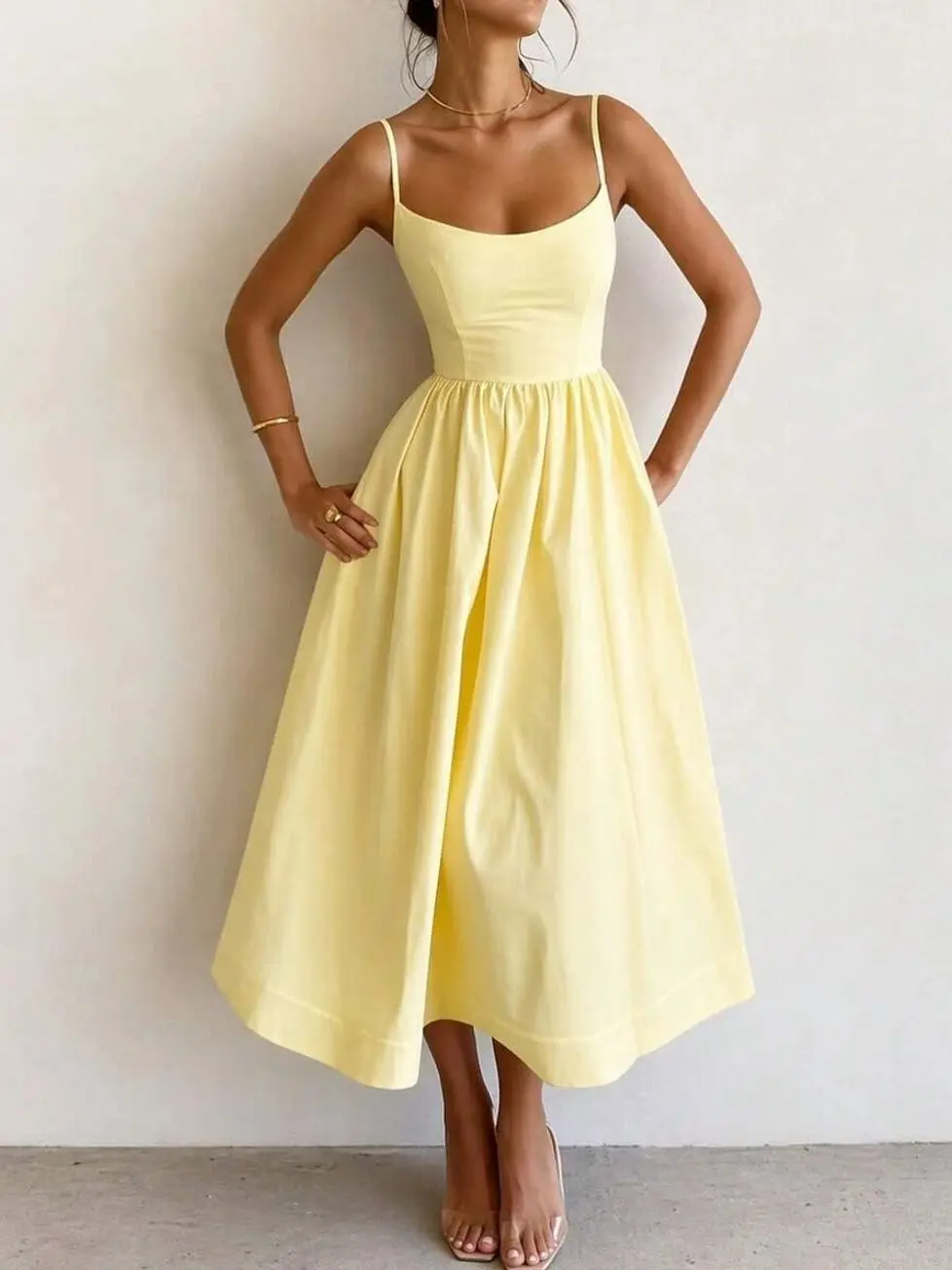 Women’s Butter Yellow Spaghetti Strap Midi Dress, Fitted Bodice A-Line Flared Summer Vacation Wedding Guest Dress