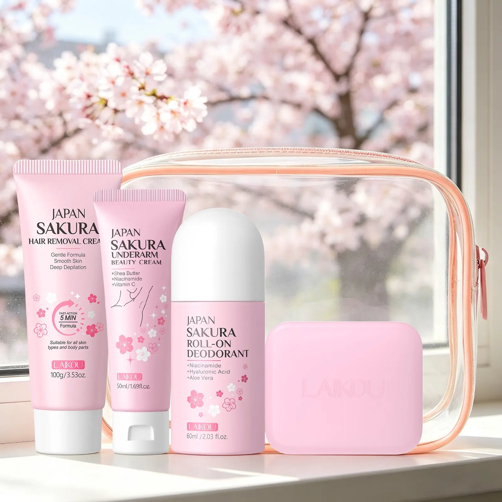 LAIKOU Sakura Summer Body Beauty Kit Body Care - 4-In-1 Moisturizing Underarm Brightening & Hair Removal Essentials - Long Lasting Fragrance Deodorant & Cleansing Soap with Travel Makeup Bag - Get Ready for Bikini Season Bodycare Scented Set
