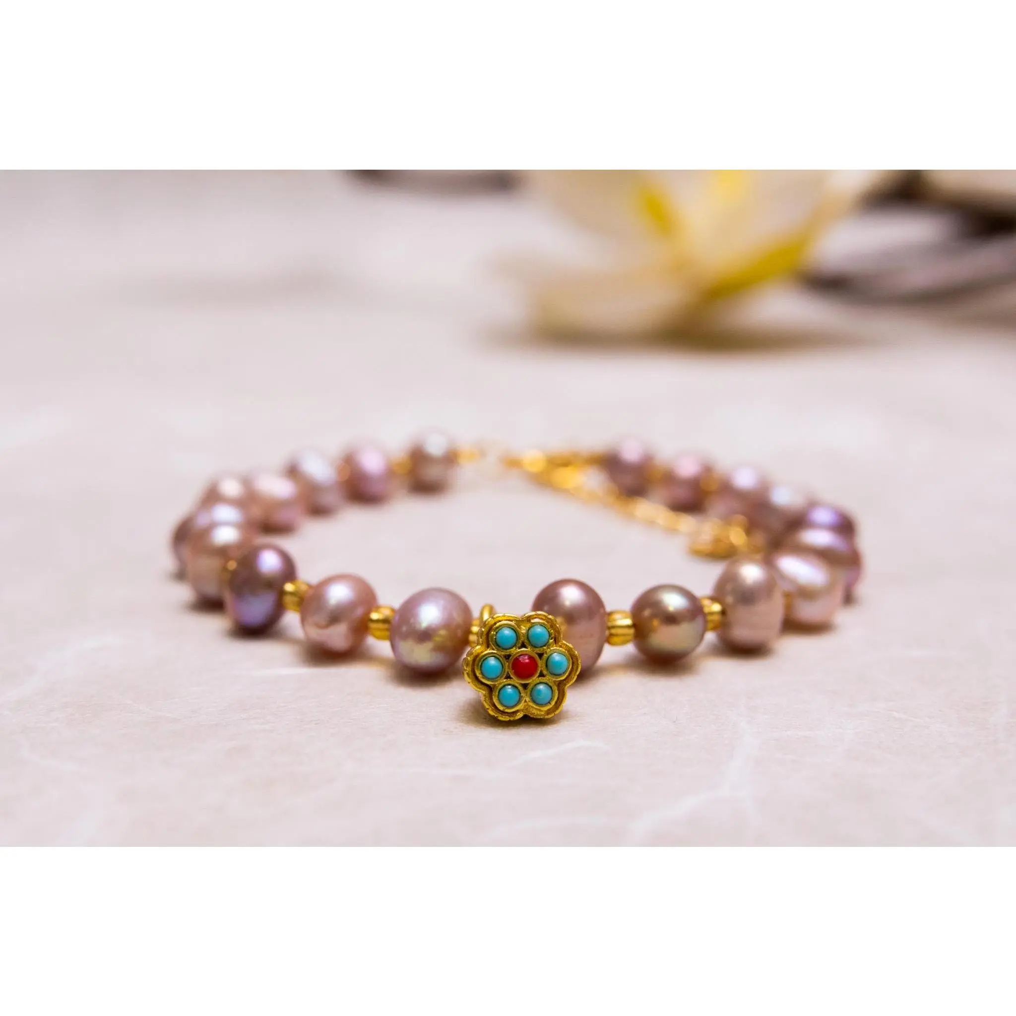 Pink Pearl Bracelet with Lotus Seed Charm, Hanbok Korean Inspired, Korean Gift for Her