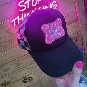 It's Lake Time Hat - Black with Pink and White Checkered Design, Adjustable Fit, Perfect for Summer