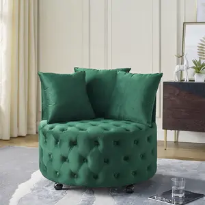 Swivel Barrel Accent Chair, 30" Modern Velvet Round Sofa Chair with 3 Pillows and Wheels, Comfy Tufted Club Lounge Chair for Living Room, Bedroom, Green