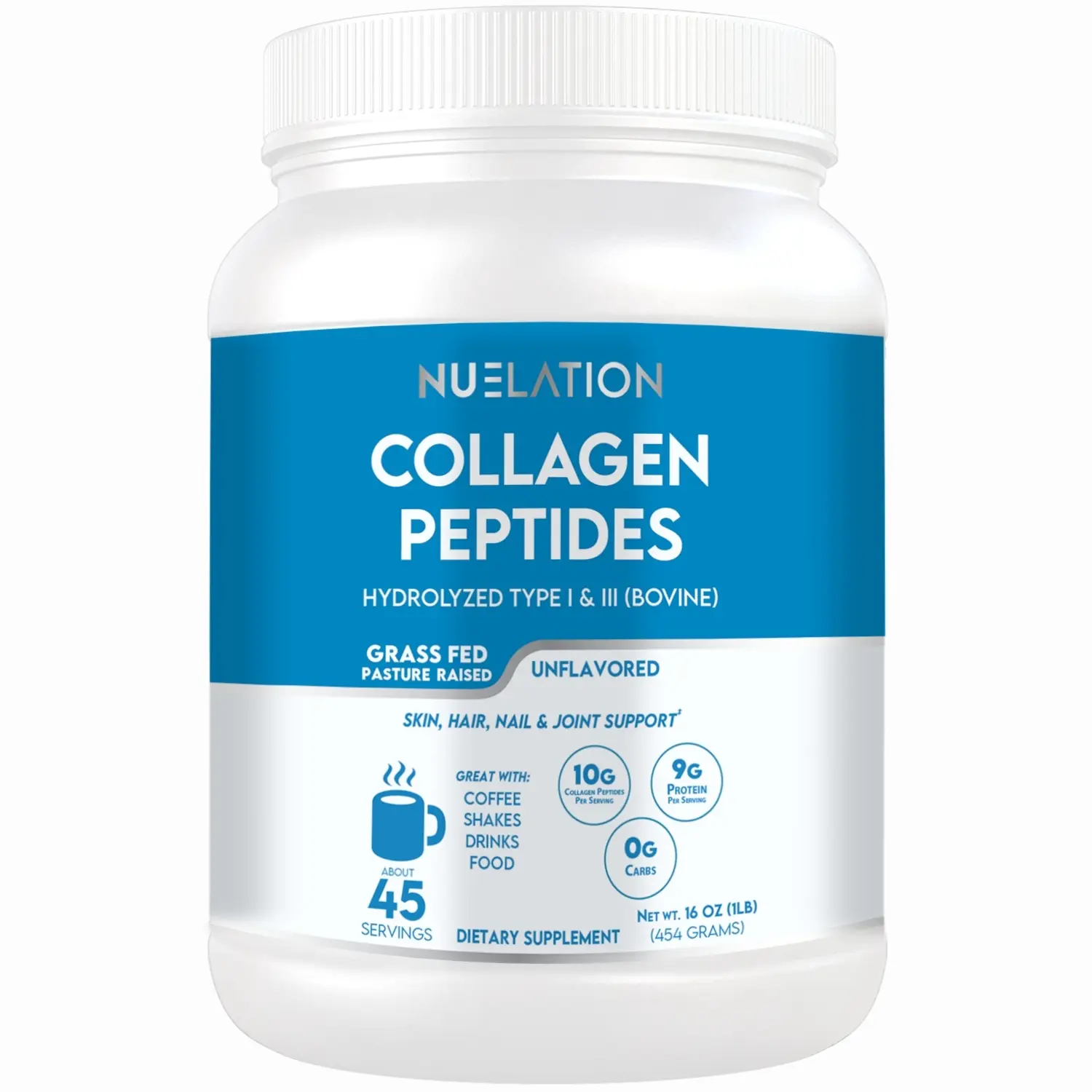 NUELATION Unflavored Collagen Peptides Powder –  Daily Use Collagen Powder for Adults - 1lb, 45 Servings