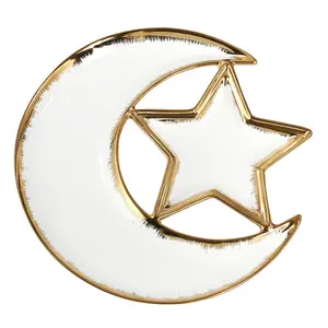 Dessert Plate in Star and Moon Shape, Ceramic Snack Plate with Gold Trim, Appetizer Plate for Fruits, Nuts, Side Dishes, Serving Plate for Ramadan and Eid Celebrations, Party Plates, Dishwasher Safe