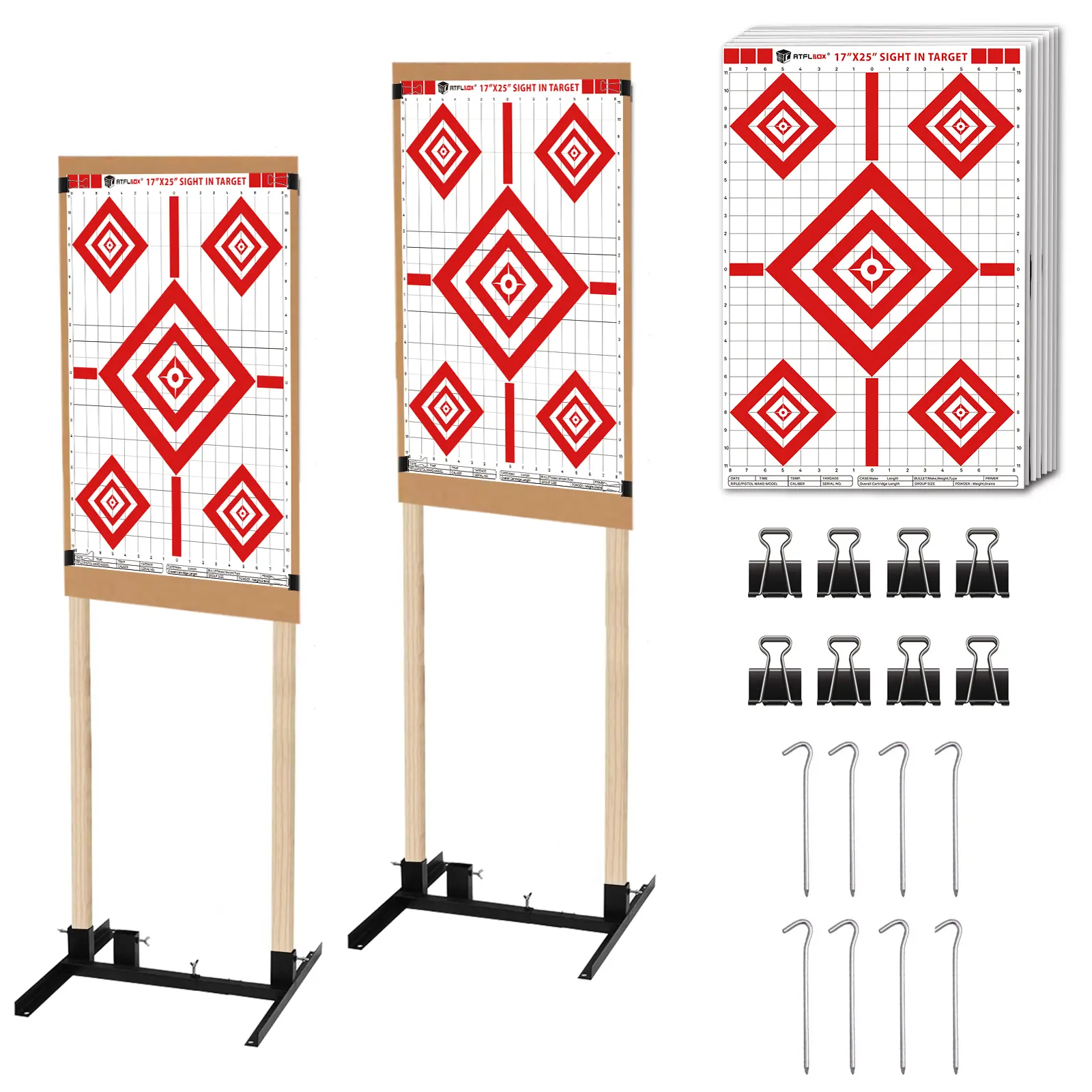 Atflbox 2 Pack Shooting Target Stand with 10pcs 17x25 Inch Sight in Paper Targets, Durable Paper Target Holder with Stable Adjustable Base for Cardboard Silhouette
