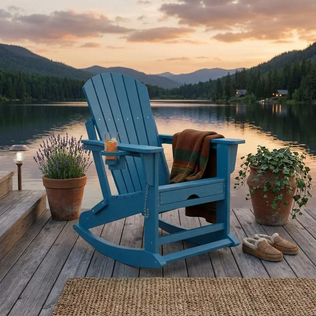 Single-Seat HDPE Plastic Folding Rocking Chair with Retractable Ottoman, Dual Cup Holders, High Back, Weather-Resistant Rocking Base for Porch, Deck - Indoor-Outdoor Patio Chair