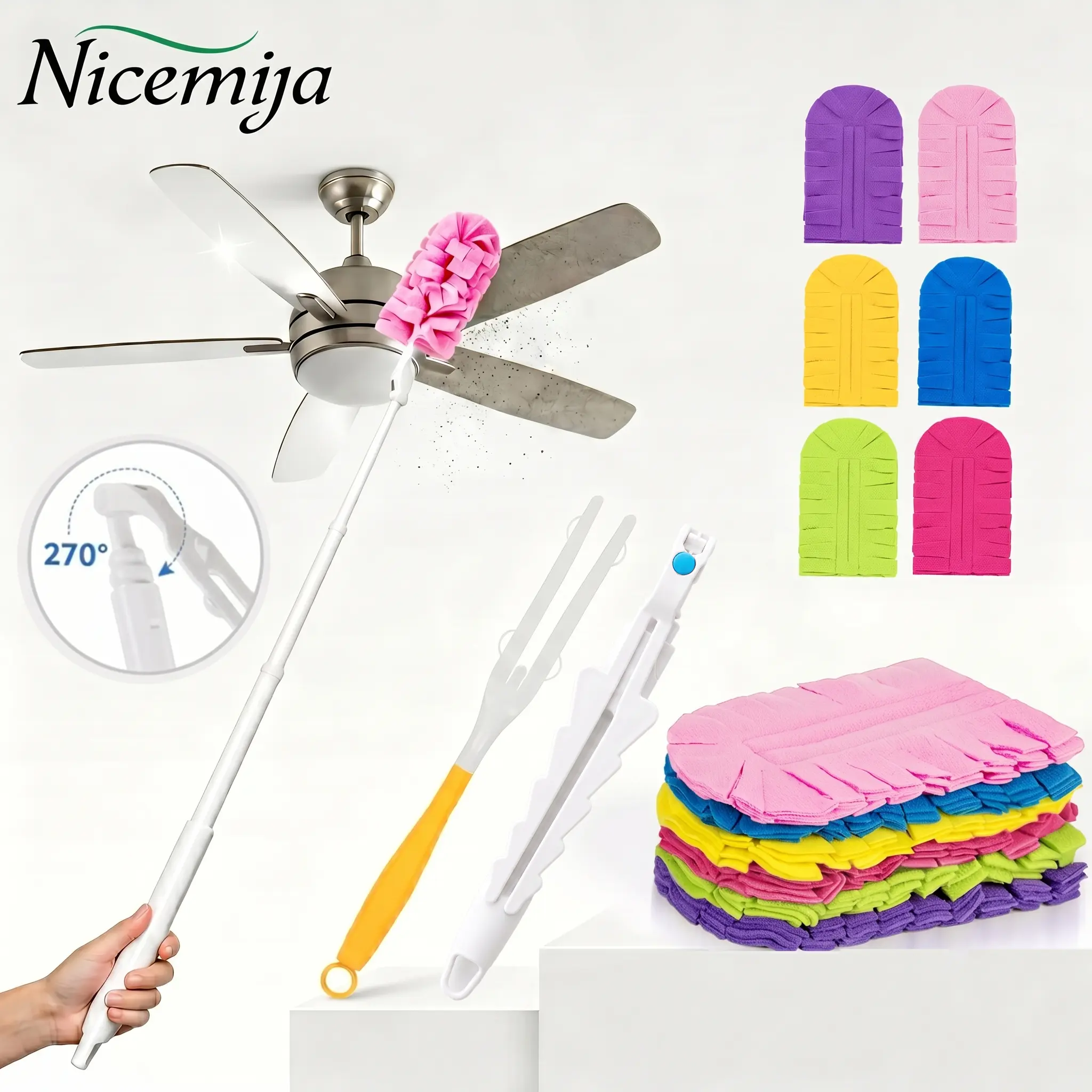 Extendable Handle Fleece Duster Set Compatible with Swiffer Electrostatic Dust Remover Fan Cleaner Brush 360° Dusters Machine Washable Reusable 2 Handle 6 Duster Refills Household Cleaning