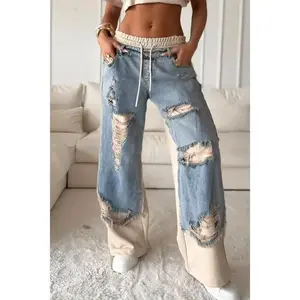 Women's straight-leg jeans with stitching and ripped design, breathable