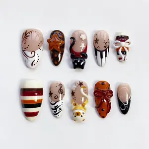 VINTAGE CHOCOLATE CAT | 3D Kawaii Kitty Press On Nails | Cute Bow Piano & Star Fake Nails | Brown Polka Dot Musiccore Aesthetic | Custom Handmade Almond Set 2026