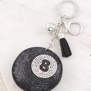 Eight Ball or Ace Rhinestone Puffer Keychain with Lobster Claw and Key Ring Closure Black Tassel Included