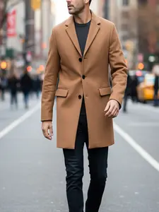 Men's Camel Color Plain Woolen Fitted Trench Coat Fall & Winter, Classic Business Casual High-End Versatile Overcoat, Trendy Fashion Jacket Outerwear for Men