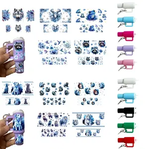 5 Piece DIY Mini Insulated Cup Keychain Set, Blue Animal Pattern Customizable Art Stickers, Transfer Sticker Accessories, Handbag Decor Craft Kit, Crafts Cup Stickers