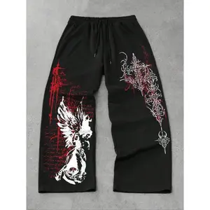 Gothic Angel and Cross Pattern Sports Pants - Extra Large Soft Blended Cotton, a must-have streetwear for avant-garde casual wearRAIMENTRY