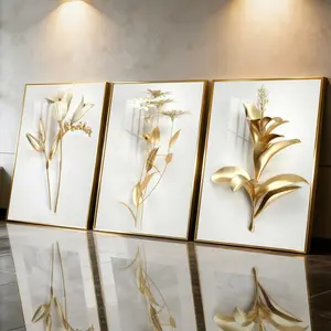 3 Count Aluminum Alloy Frame Canvas， Fashion Poster， Golden Floral Wall Art， Modern Living Room Decoration， Light Luxury Family Art， Suitable For Bedroom， Corridor And Office Wall Decor， Gift