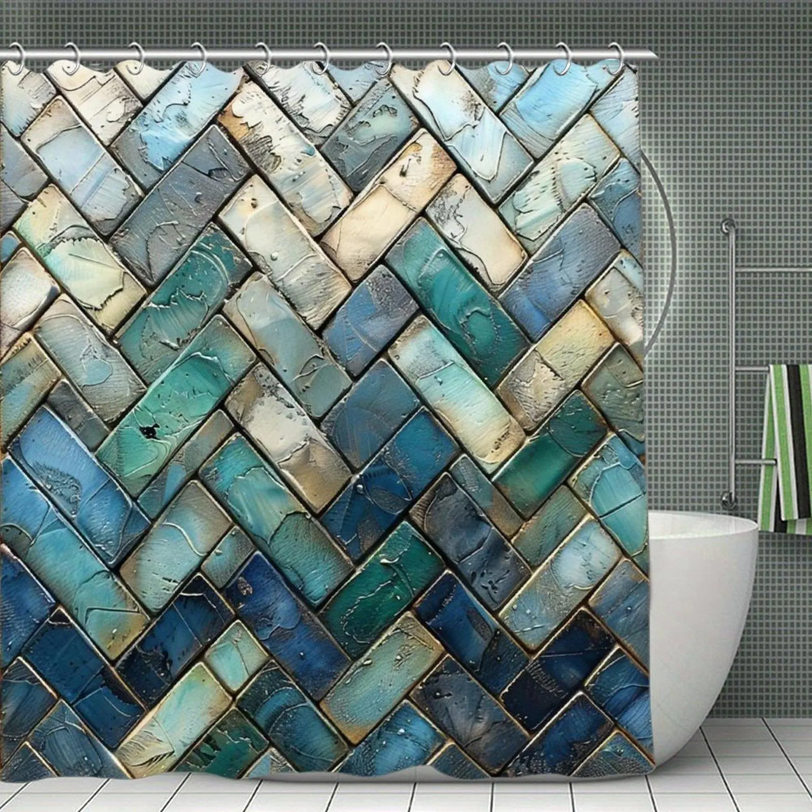 Teal Herringbone Brick Tile Seamless Print Waterproof Shower Curtain, Vintage Texture Bathroom Decor