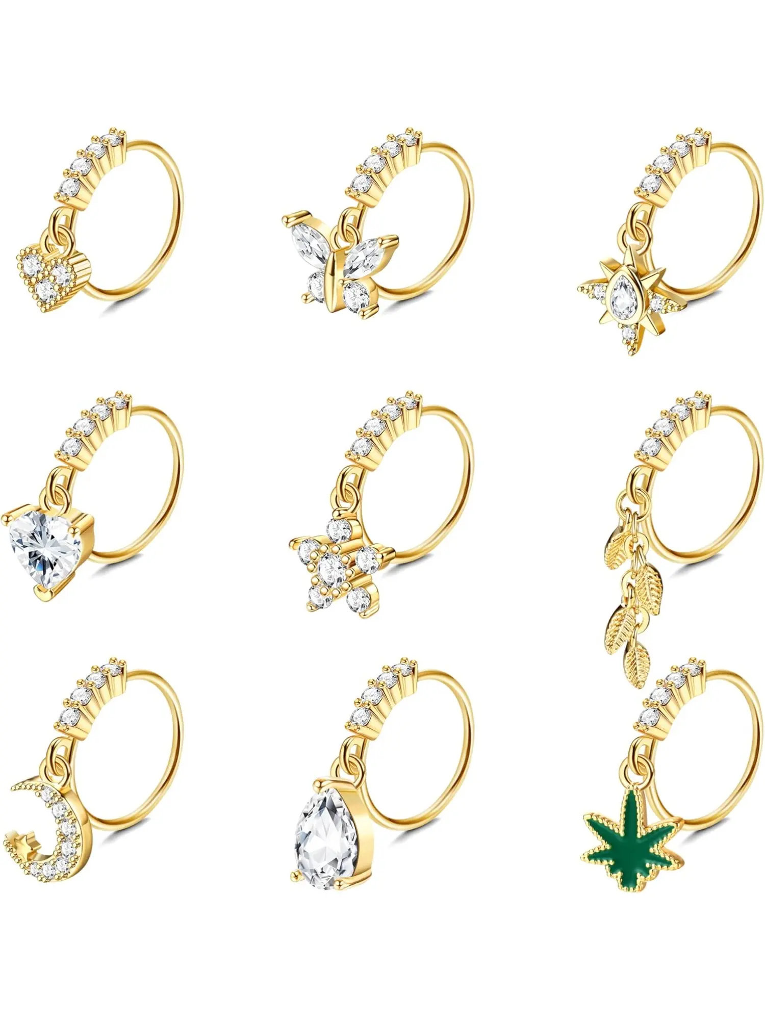 9Pcs Dangle Nose Rings Hoops for Women Men 20G Stainless Steel Nose Piercing Jewelry Pink CZ Heart Moon Butterfly Dangling Nose Hoops Gold, Silver Tone Nose Piercing Accessory Body Jewelry Body Jewellery