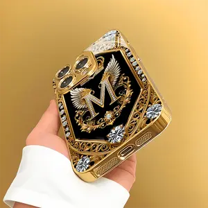 Gold Frame Letter M Pattern High-Value Simple Niche Luxury High-End Tempered Glass Case for iPhone 16/16Pro/16ProMax/16Plus, 15/15Plus/15Pro/15ProMax, 14/14Plus/14Pro/14ProMax, 13/13Pro/13ProMax, 12/12Pro/12ProMax, 11/11ProMax Phone Case