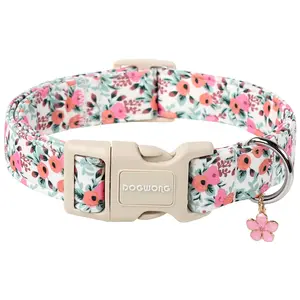 DOGWONG Flower Cotton Dog Collar, Adjustable Cute Pink Dog Necklace with Plastic Buckle for Small Medium Large Girl Boy Dogs