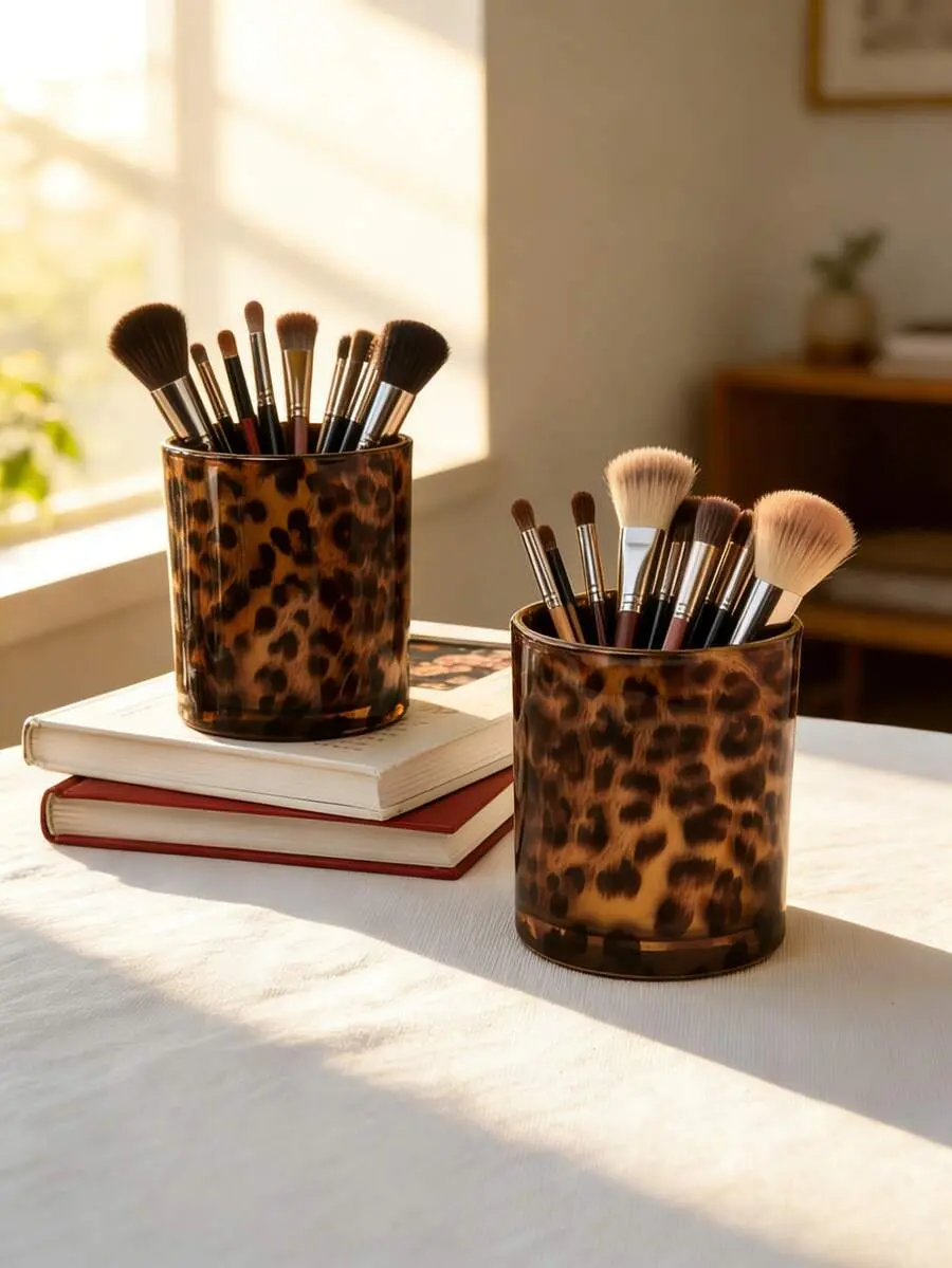 Vintage Leopard Print Glass Storage Jars, Makeup Brush Holder, Lipstick & Eyeliner Pen Organizer, Desktop Decor, Holiday & Housewarming Gift