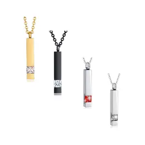 Stainless Steel Crystal Rectangle Bar Necklace, Urn, Ashes, Keepsake, Memorial, Necklace, Jewelry