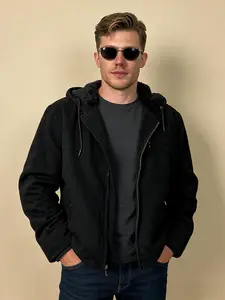 Coofandy B Men's 100% Cotton Black Hooded Jacket - Sherpa Lined Warm Casual Outerwear