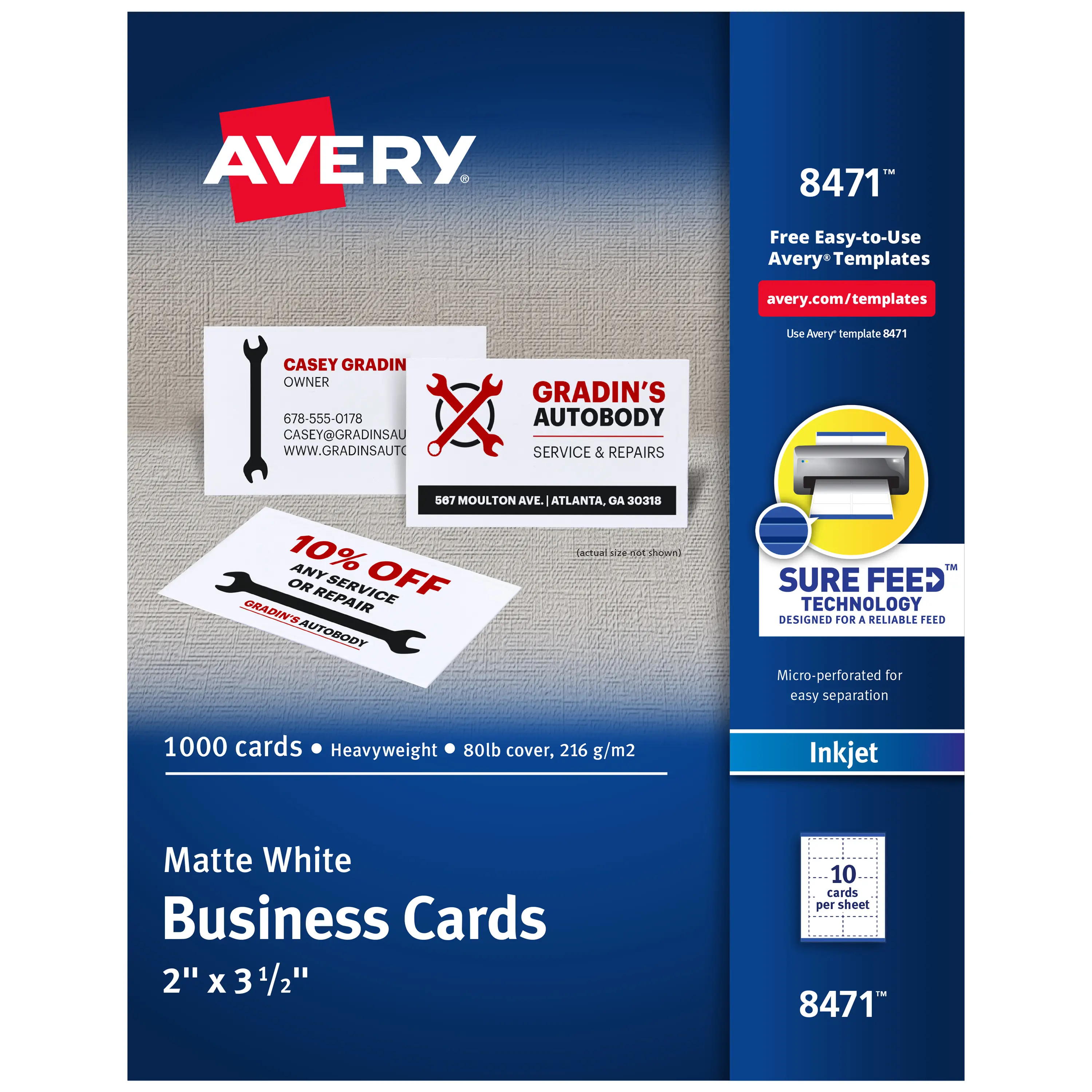 Avery 2"x3.5" Business Cards - Sure Feed Technology, Inkjet-Compatible, 1,000 Micro-Perforated Business Card Paper, Heavyweight Cardstock Paper with Easy-to-Use Templates (8471), Durable Card, Heavyweight Paper