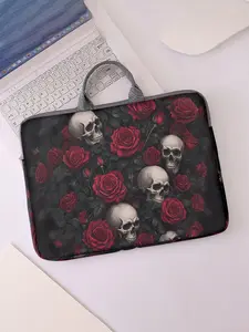 Rose Skull Print Notebook Bag, Soft Laptop Sleeve, Laptop Bags, Laptop Cover, Tablet Case, Zipper Storage Pouch, Casual Style, All Seasons, Valentine's Day Gift