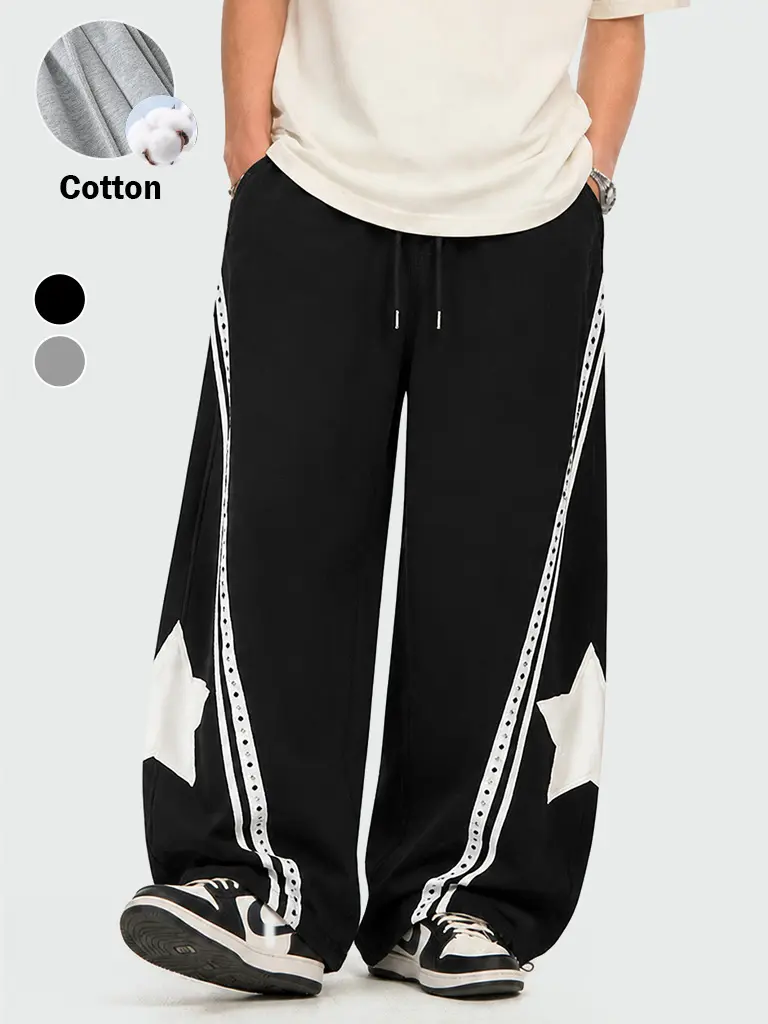 TELLFUN Men's Baggy Sweatpants, Y2K High-Waist Panel Barrel Style, Oversized Wide-Leg Fit, Star Patch & Studded Stripe Detail, Unisex Streetwear Outfits Tracksuit Bottoms