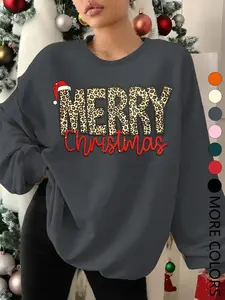 Creative Christmas Leopard Print Letter Sweatshirt, Women's Casual Long Sleeve Round Neck Pullover, Daily Wear, Holiday Gift, Fall Winter