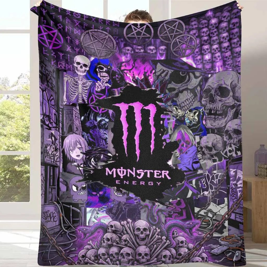 Gothic Skull Monster Energy Flannel Throw - Dark Purple Pentagram Print Decorative Sofa Blanket, Soft Comfy Warm Aesthetic, Breathable Durable Fade-Resistant Lightweight, for Bedroom Business Trips, Gift for Alternative Style Lovers, Blankets for Bed, Fla