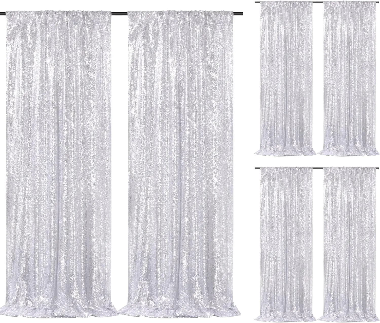 6-Piece Silver Sparkly Sequin Curtain Set, 2ftx8ft Shimmer Wall Backdrop Panels for Wedding, Business Festive Party Decor, Sequins Backdrop Panels