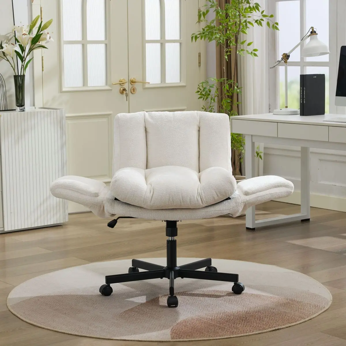 Modern Chenille Swivel Office Chair, Height Adjustable Task Chair with Convertible Multi-Position Armrests,Comfy Double Cushioned Desk Chair for Home,Study,Vanity & Living Room, Cream / Beige,SW5028BG