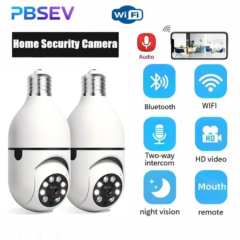 PBSEV 1080P 360° Indoor Wi-Fi Security Camera, PTZ HD Surveillance Camera, Color Night Vision, Human Motion Detection, 2-Way Audio, 2.4GHz Wi-Fi, E27 Socket Installation, Local Storage, Remote App Control, Home Security Smart Device