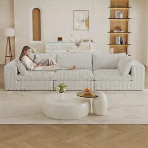 118" Cloud Modular Sectional Sofa with Deep Seat, 3 Seater Corduroy Couch with Removable Washable Covers, Minimalist White Sectional for Living Room, Down Filled Cushions