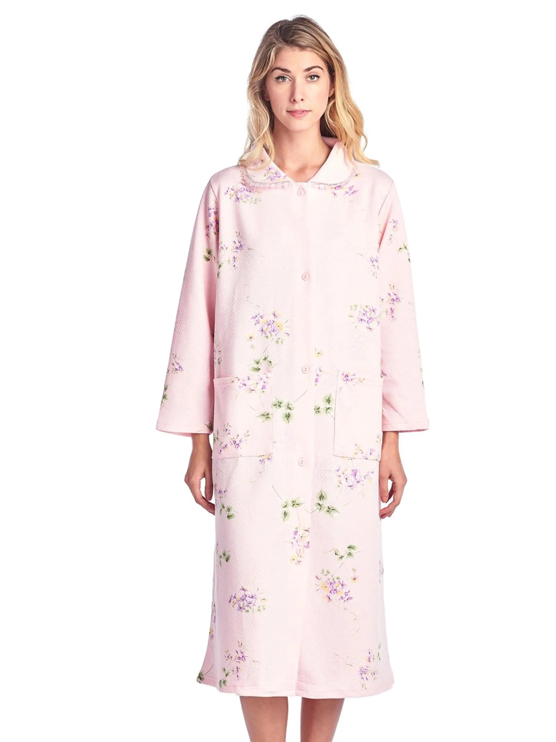 Casual Nights Women's Quilted Lounger Robe, Floral Embroidery Cotton Blend House Coat, Lightweight Button-Down Style with Pockets, Nightwear, Loungewear, Housecoat Robe, Smooth, Fit, Lady, Loungewear Robe