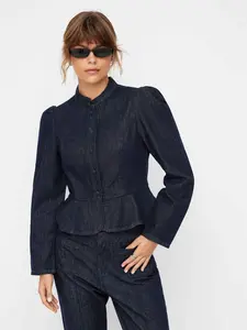 Cider Denim Stand Collar Puff Long Sleeve Cinched Waist Button Jacket