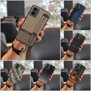 Durable geometry Phone Case For MOTO G 5G 2024 Wrist Strap Soft case Anti-dust Silicone Back Cover Kickstand protective masculine Fashion Design Wristband mature Phone Holder