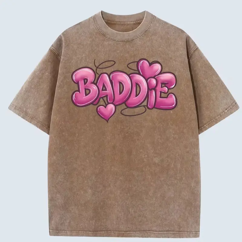 Men's Oversized Graphic T-Shirt in Tan Washed Cotton, 'Baddie' Bubble Graffiti Print, Casual Short Sleeve Streetwear, Tshirt, Top, Menswear, Round Neck, Mens Clothing, Bubble Artwork, Machine Wash, Men's T Shirts, Oversized Fit