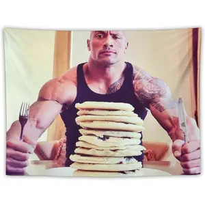 Funny Dwayne "The Rock" Johnson Eating Pancakes Tapestry - Small Polyester Wall Hanging, Peach Skin Fabric, Horizontal Orientation for Home Decor,3x5 FT