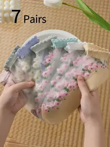 7 Pairs Girls' Floral Silk Socks, Random Colors, Ultra-Thin Breathable Glass Fiber Crystal Boat Socks, Sweet Short Socks for Casual Shoes, Breathable Soft Socks