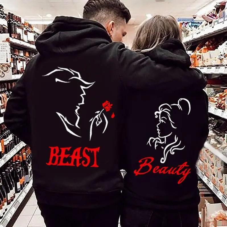 Beauty & Beast Matching Couple Hoodie & T-Shirt  Trendy Unisex Streetwear for Couples – Stylish 100% Cotton Pullover, Cozy Fall Outdoor Casual Outfit, Romantic Autumn Fashion, Perfect Valentine’s & Anniversary Gift f