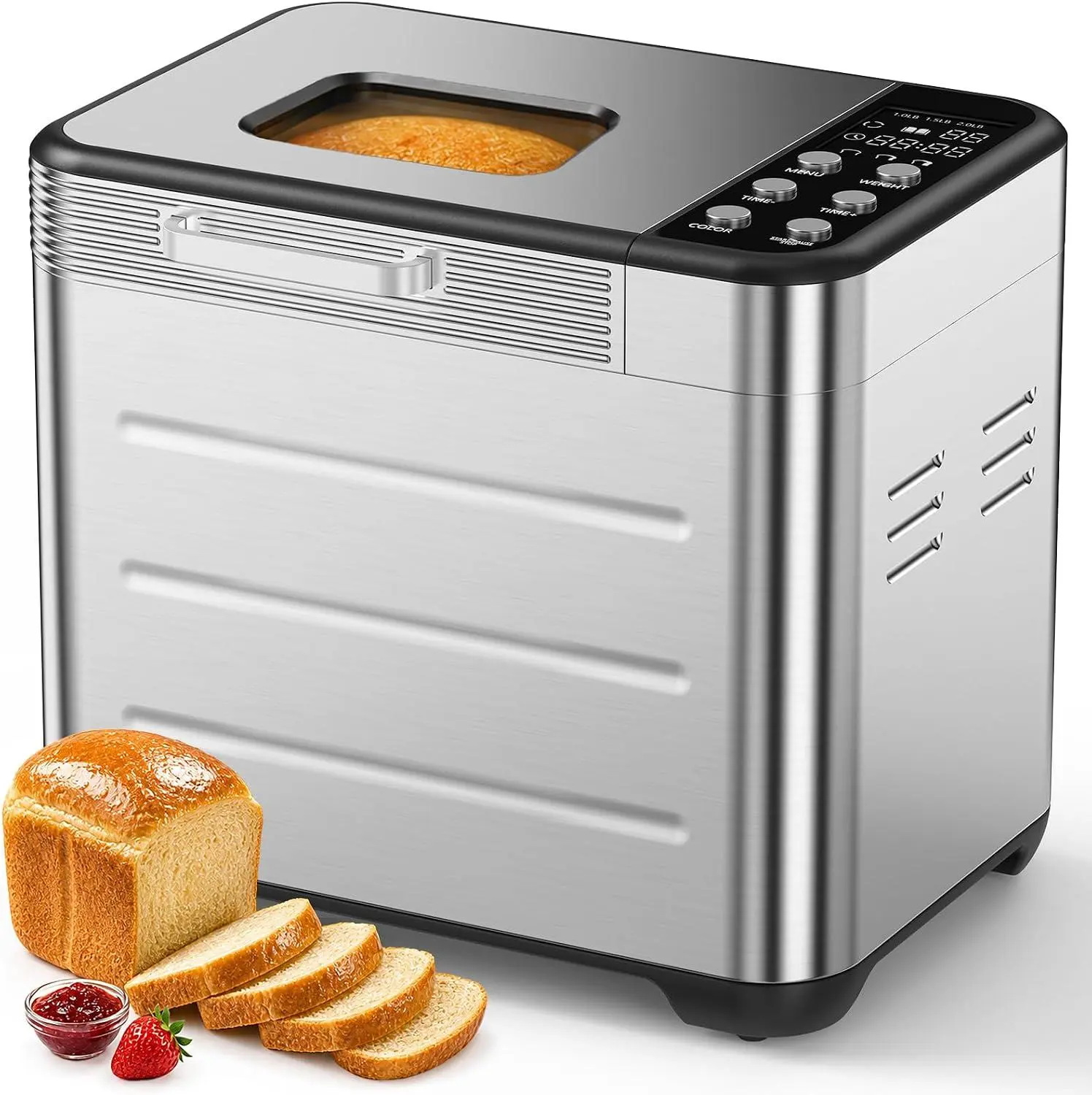 21-in-1 Automatic Bread Maker Machine, 2LB Stainless Steel Bread Machine with 360° Circulation Baking, Smart Touch Control, 3 Loaf Sizes & 3 Crust Shades, Non-Stick Pan, 12H Delay Timer for Homemade Bread, Yogurt & Dough