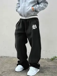 Fashion Letter Print Loose-Fit Straight Leg Sweatpants, Logo Sweatpants, Drawstring Waistband, Dual Pockets Casual Sportswear Suitable for Daily Wear and Leisure Activities, Letter Patched Sweatpants