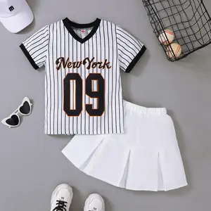 7-14y Kid Girl Clothes Skirts Sets Quick-drying Mesh Stripe Number Print Shirt Pleated Skirts 2Pcs Sport Style Outfits For Summer White 42411033