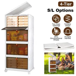 76QT 4-Tier Foldable Storage Bins with Lids, Featuring Front Magnetic Doors, 4 Pcs 360° Rotatable Wheels, Collapsible Stackable Closet Organizer Containers Rolling clear