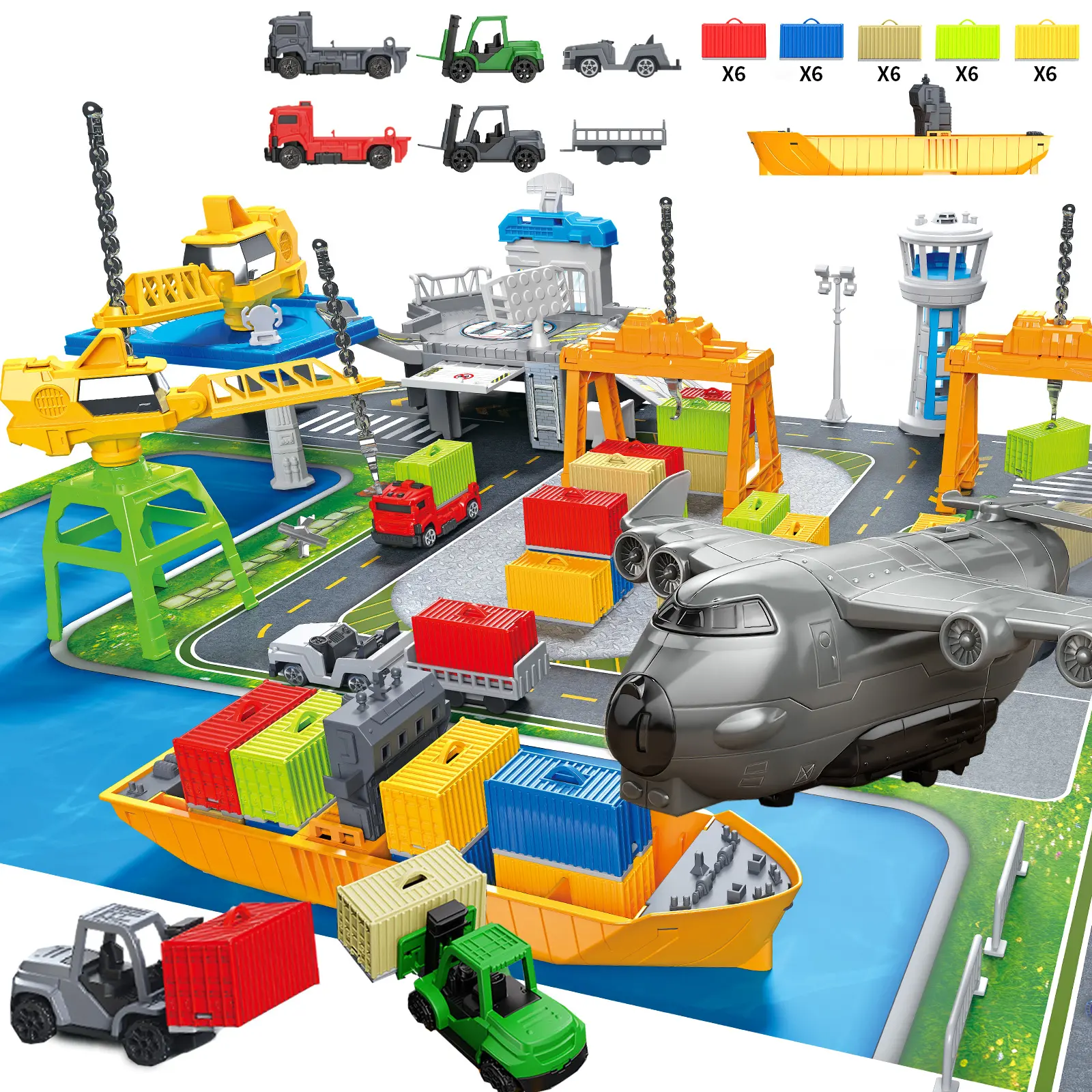 Frontoytall 56 Piece Cargo Ship Toy Set, Transport Containers Port Playset with Play Map, Plastic Toy Boat Crane Playset for Toddlers 3+ Years Old, Ideal Gift for Boys and Girls
